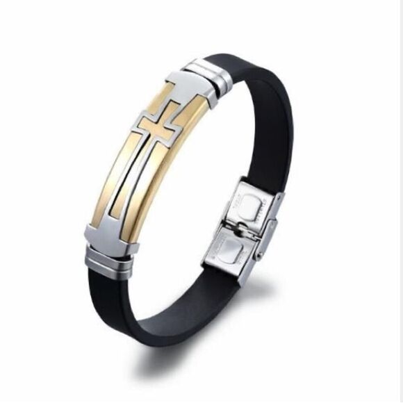 Gold and Silver Stainless Steel Cross Bracelet - Picture 3 of 5